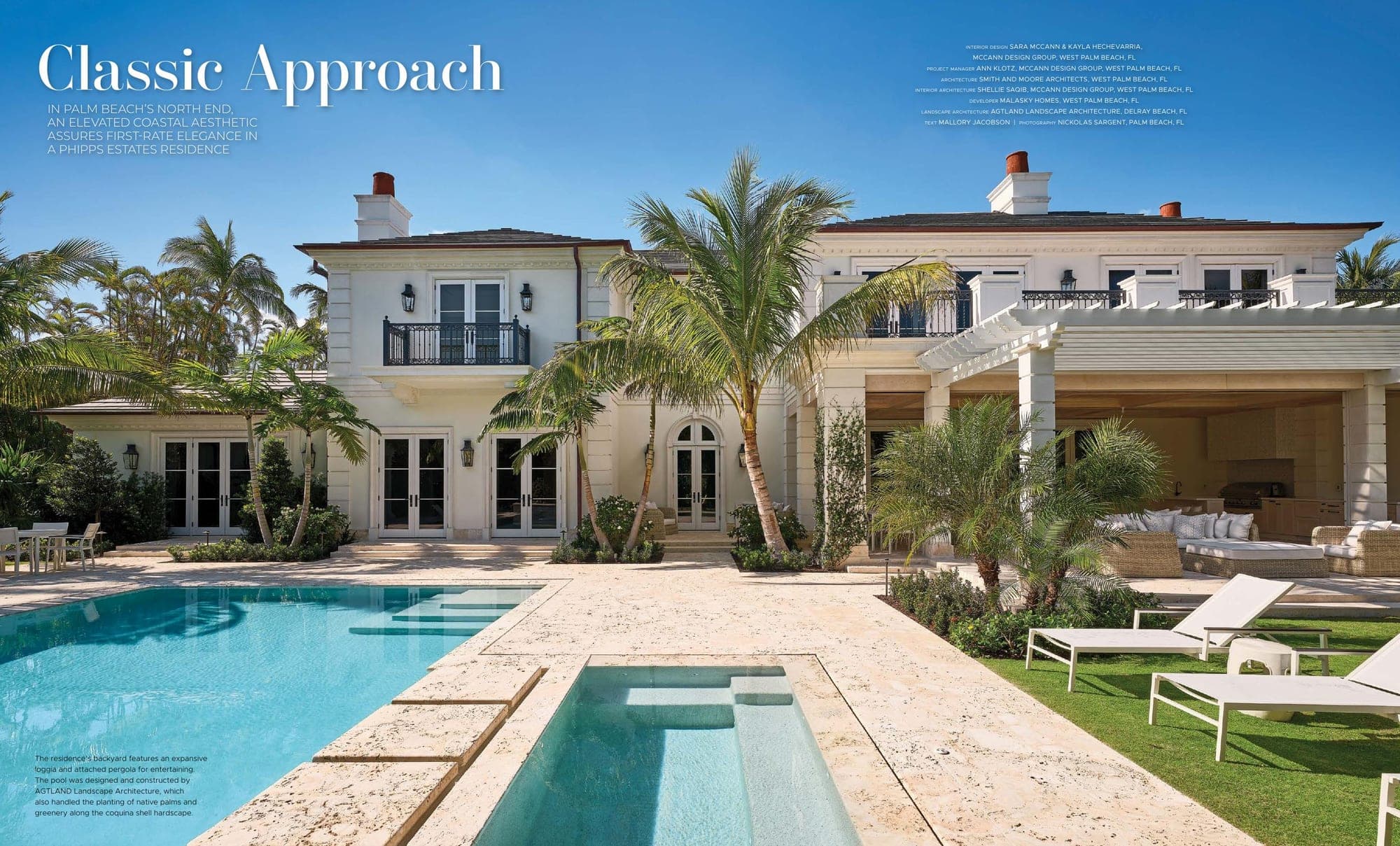 The Florida Design Magazine opening spread, A Classic Approach, showing the Phipps Estates residence across its pool terrace
