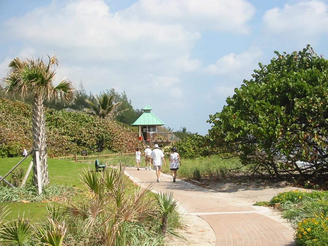 A brick path winding through a restored coastal dune of sea-grape and palms toward a green-roofed beach pavilion, with people walking