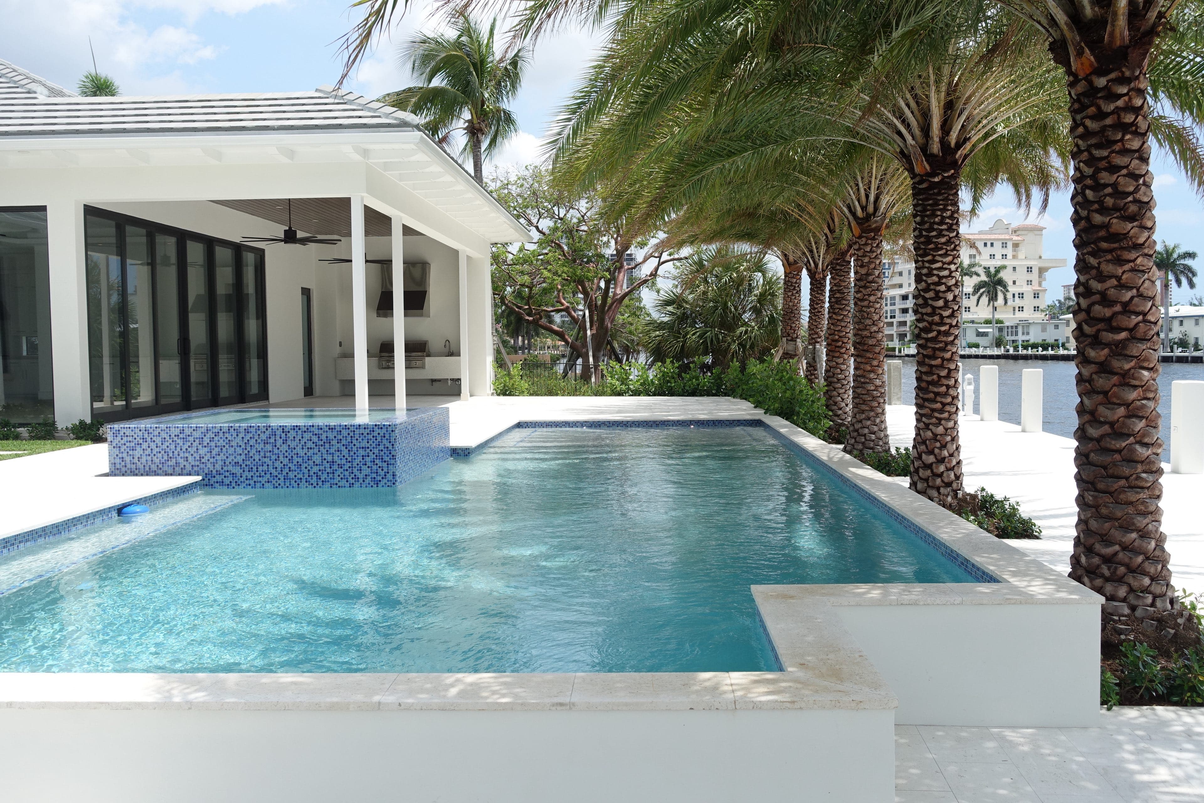 Rectangular lap pool with a blue mosaic spa beside a white modern residence, framed by mature coconut palms over an open waterway