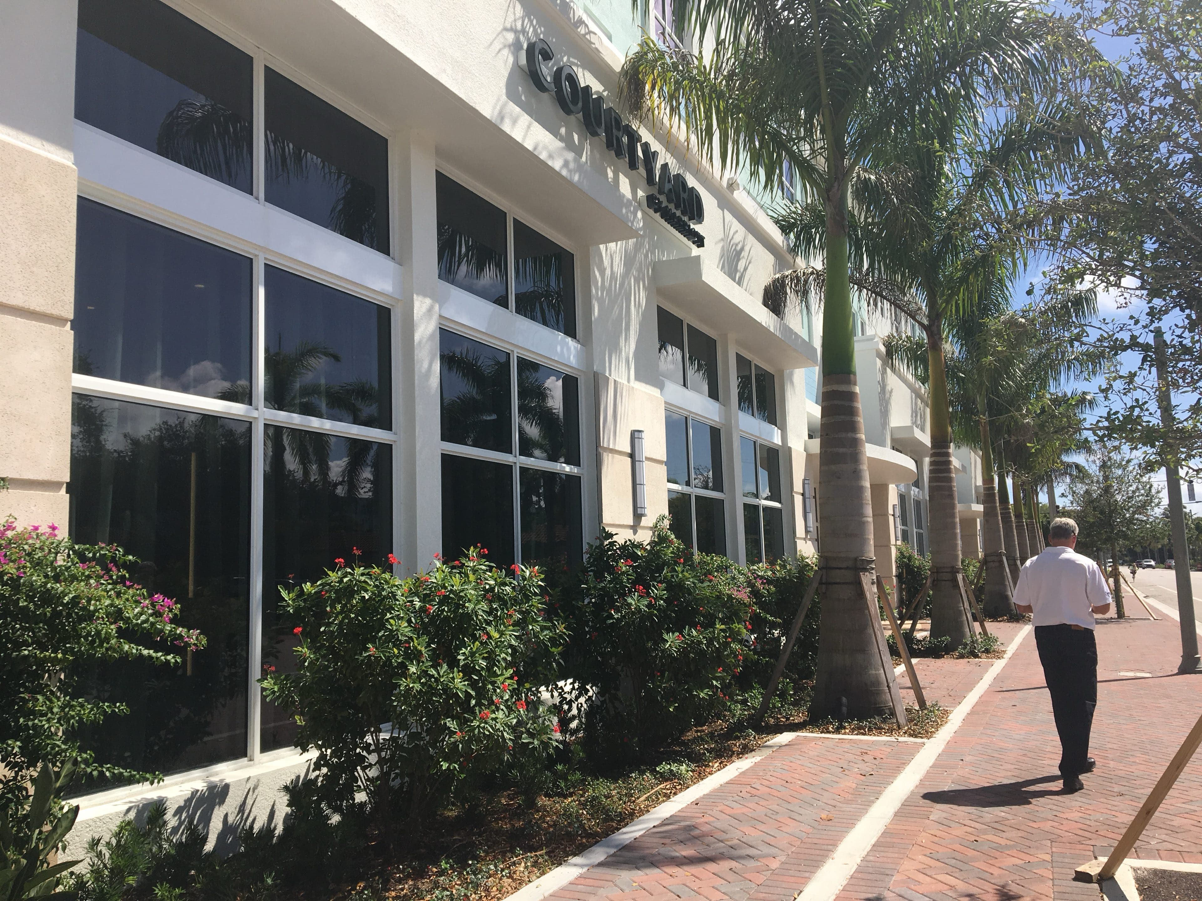 The Courtyard by Marriott sign above a row of royal palms and flowering shrubs along a brick paver sidewalk, with a pedestrian walking past
